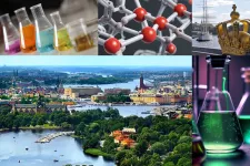 Collage of chemistry-related closeups and helicopter shots of Stockholm by summer.